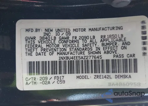 2010 Toyota Corolla S from USA, damaged, VIN 1NXBU4EE5AZ277645